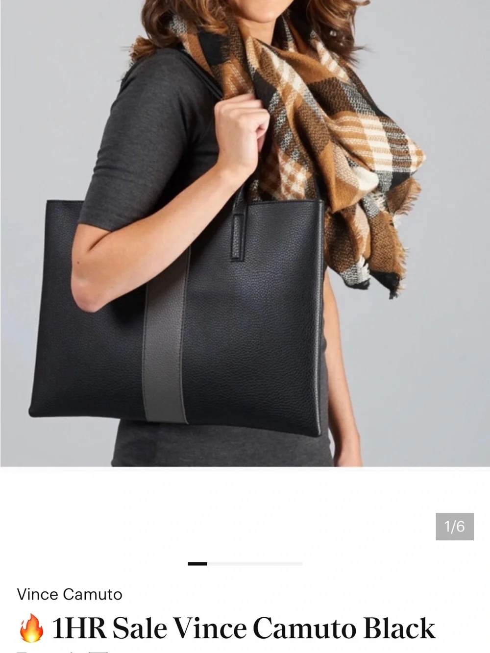 Vince Camuto Black Leather Tote with Gray Center Stripe